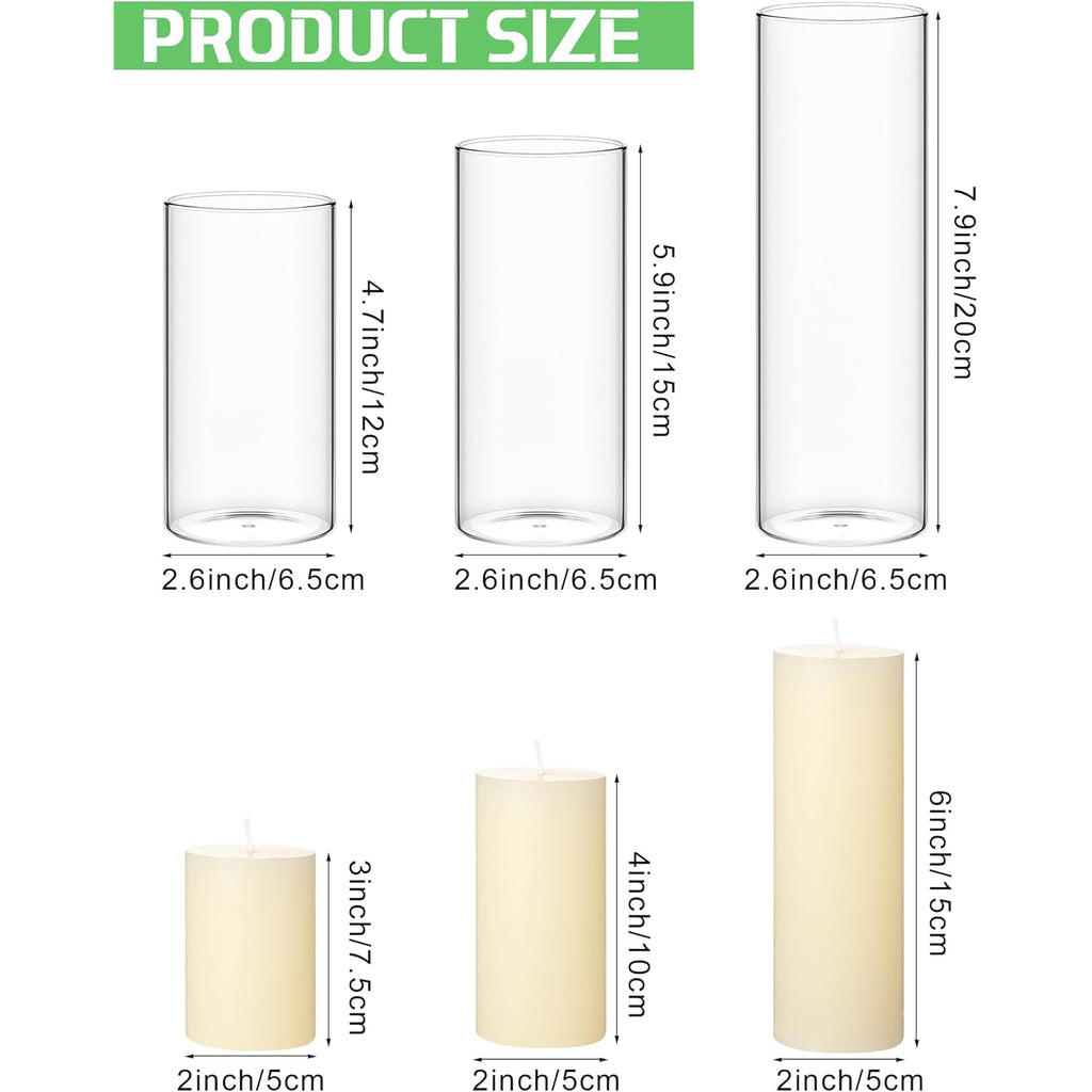 Shihanee Set of 6 Pillar Candles with Glass Cylinder Vases Clear Cylinder Hurricane Candleholders for Slim Tall Pillar Candles Wedding Table Centerpieces(2.6'' X 4.7'', 5.9'', 7.9'',Ivory)