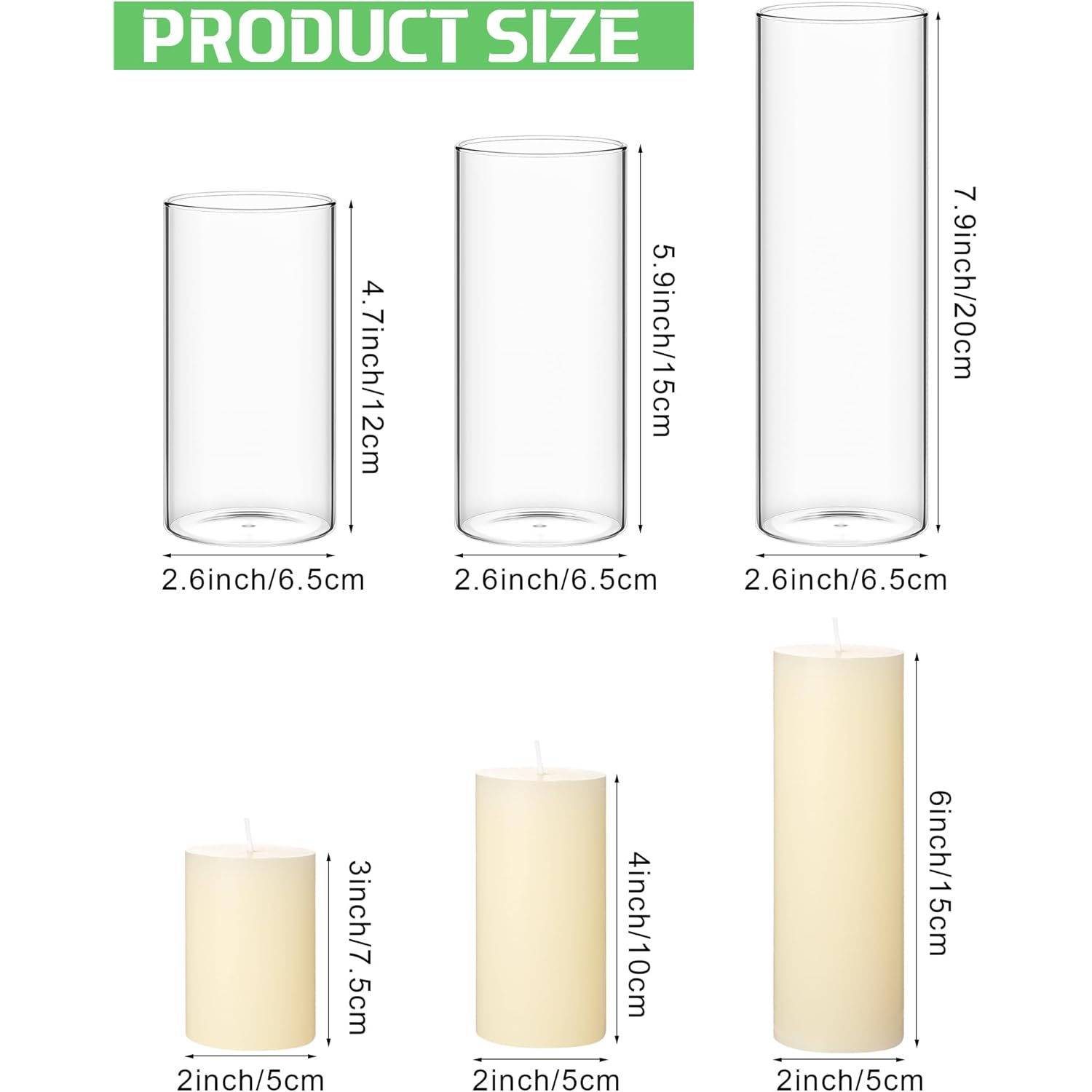 Shihanee Set of 6 Pillar Candles with Glass Cylinder Vases Clear Cylinder Hurricane Candleholders for Slim Tall Pillar Candles Wedding Table Centerpieces(2.6'' X 4.7'', 5.9'', 7.9'',Ivory)