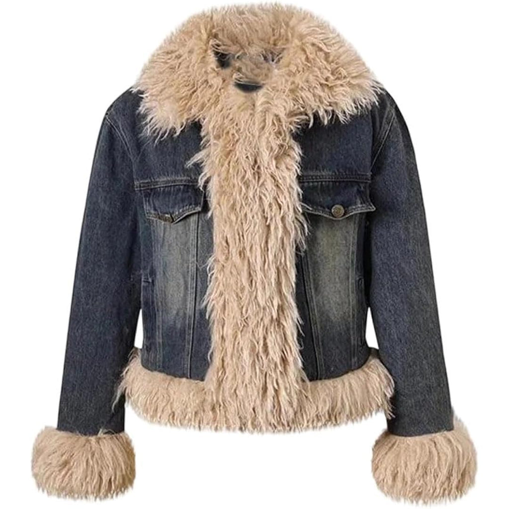 Women'S Winter Vintage Turn-Down Collar Patchwork Flap Pocket Slim-Fit Short Denim Jacket