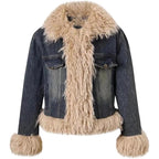 Women'S Winter Vintage Turn-Down Collar Patchwork Flap Pocket Slim-Fit Short Denim Jacket