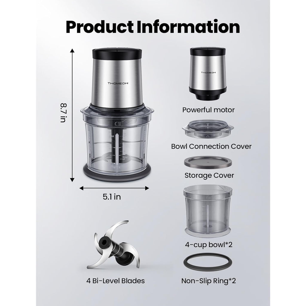 Food Processor 4 Cup, Electric Food Chopper, 【Small But Powerful】Meat Grinder With 2 Bowls, 2 Speed & 4 Blades For Vegetable, Meat, Nuts, Functions For Chopping, Dicing, Mixing And Puree