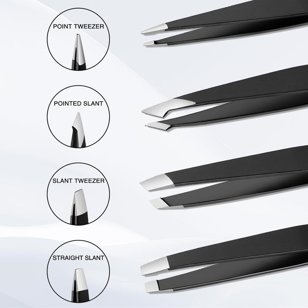 4-Piece Professional Tweezers Set, Tweezers for Eyebrows, Facial Hair, Splinter & Ingrown Hair Removal, Precision Tip with Travel Bag,Gift for Women Men