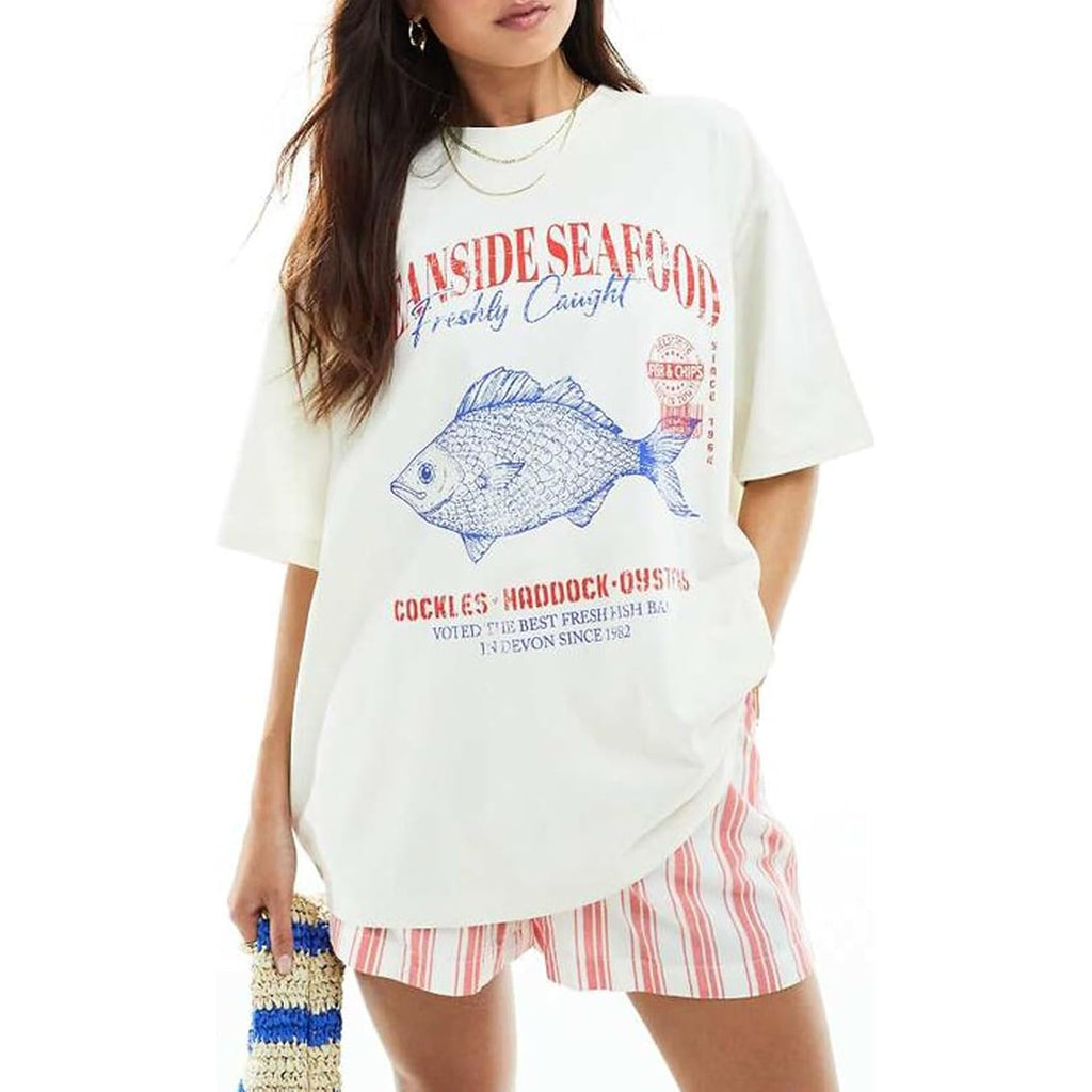 Womens Y2k Fruit Graphic Print Oversized T Shirts Summer Vintage Aesthetic Baggy Tees Tops Teen Girl Clothes Fish White
