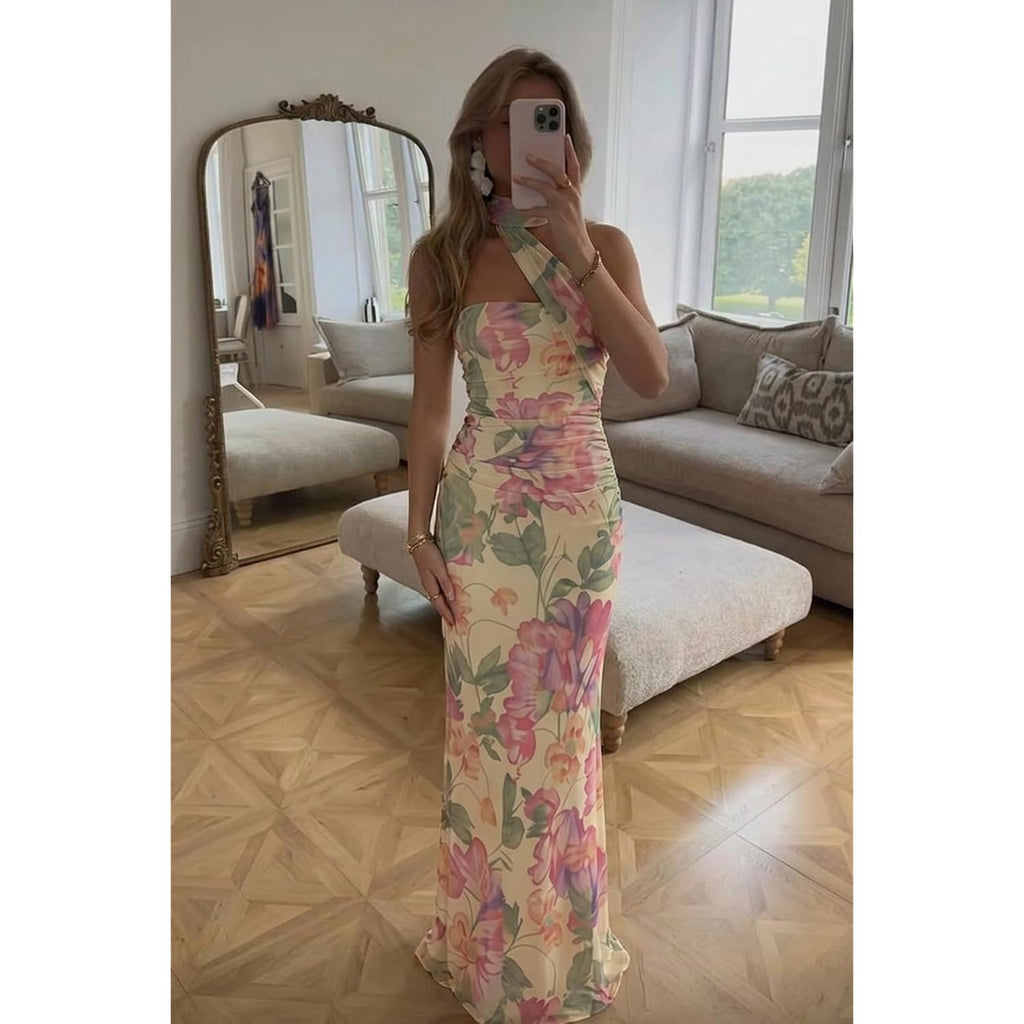 Women Summer Floral Formal Wedding Guest Dress Strapless Tube Dress With Scarf Summer Cocktail Long Maxi Dresses