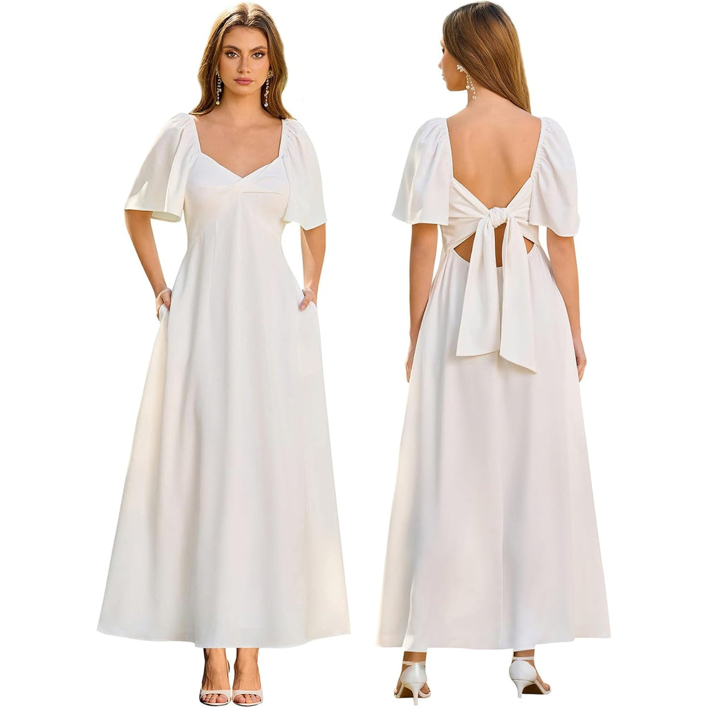 Kutumai Summer Maxi Dresses For Women 2026 V Neck Short Sleeve Bow Tie Flowy Long Formal Wedding Guest Dress With Pockets