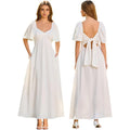 Kutumai Summer Maxi Dresses For Women 2026 V Neck Short Sleeve Bow Tie Flowy Long Formal Wedding Guest Dress With Pockets