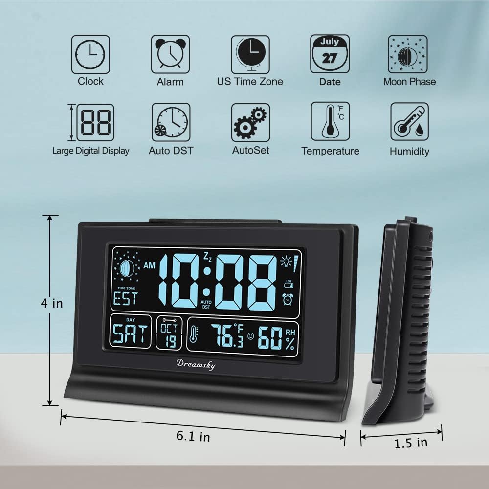 Dreamsky Alarm Clocks For Bedrooms With Battery Backup, Auto Set | Digital Clock With Date And Day Of Week, Indoor Temperature Humidity, Moon Phase, Dimmer, Auto Dst, Usb Port