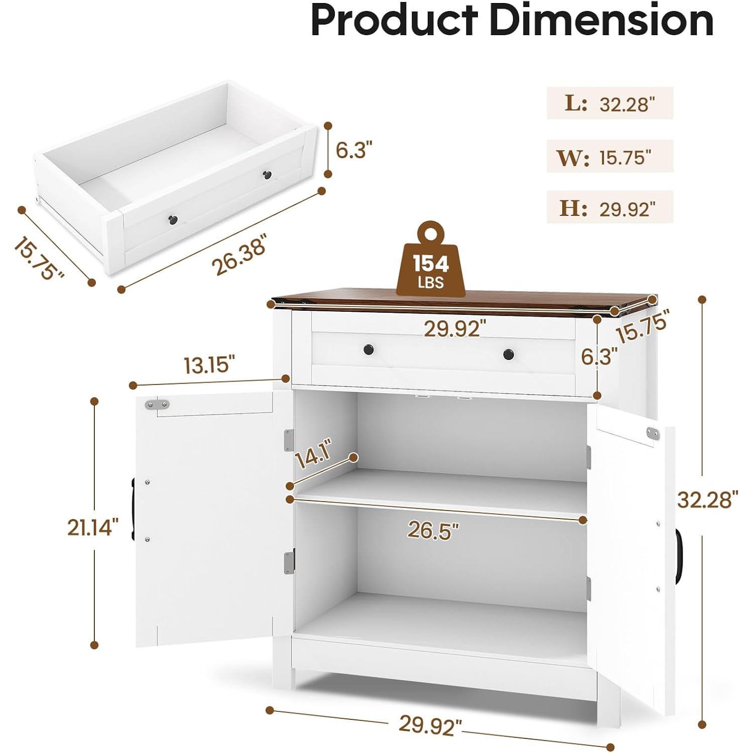30" Coffee Bar Station, Kitchen Sideboard Buffet Cabinet With A Drawer And Adjustable Shelf, Modern Farmhouse Storage Cabinet For Kitchen, Living Room, Entryway, White