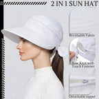 2-in-1 Zip-Off Sun Visor Hat for Women, Lightweight Wide Brim UV Protection Ponytail Hat, Breathable Summer Cap White