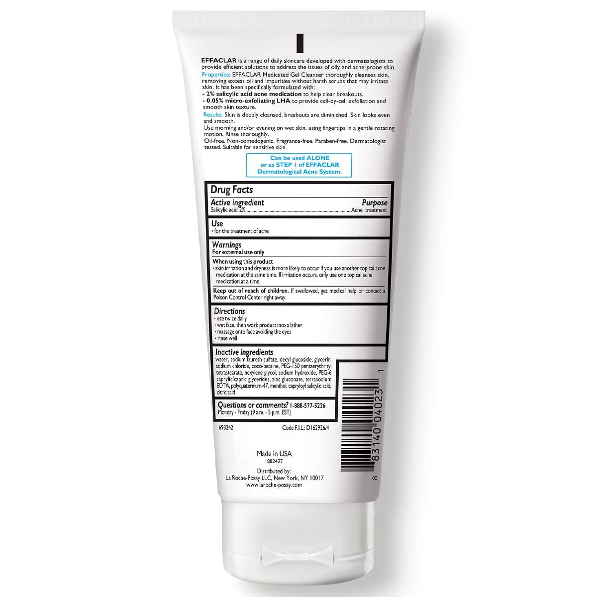 La Roche-Posay Effaclar Medicated Gel Cleanser, 2% Salicylic Acid Cleanser + Lha + Glycerin, Foaming Acne Face Wash, Helps Clear & Prevent Acne Breakouts, Oil Free, Targets Excess Oil