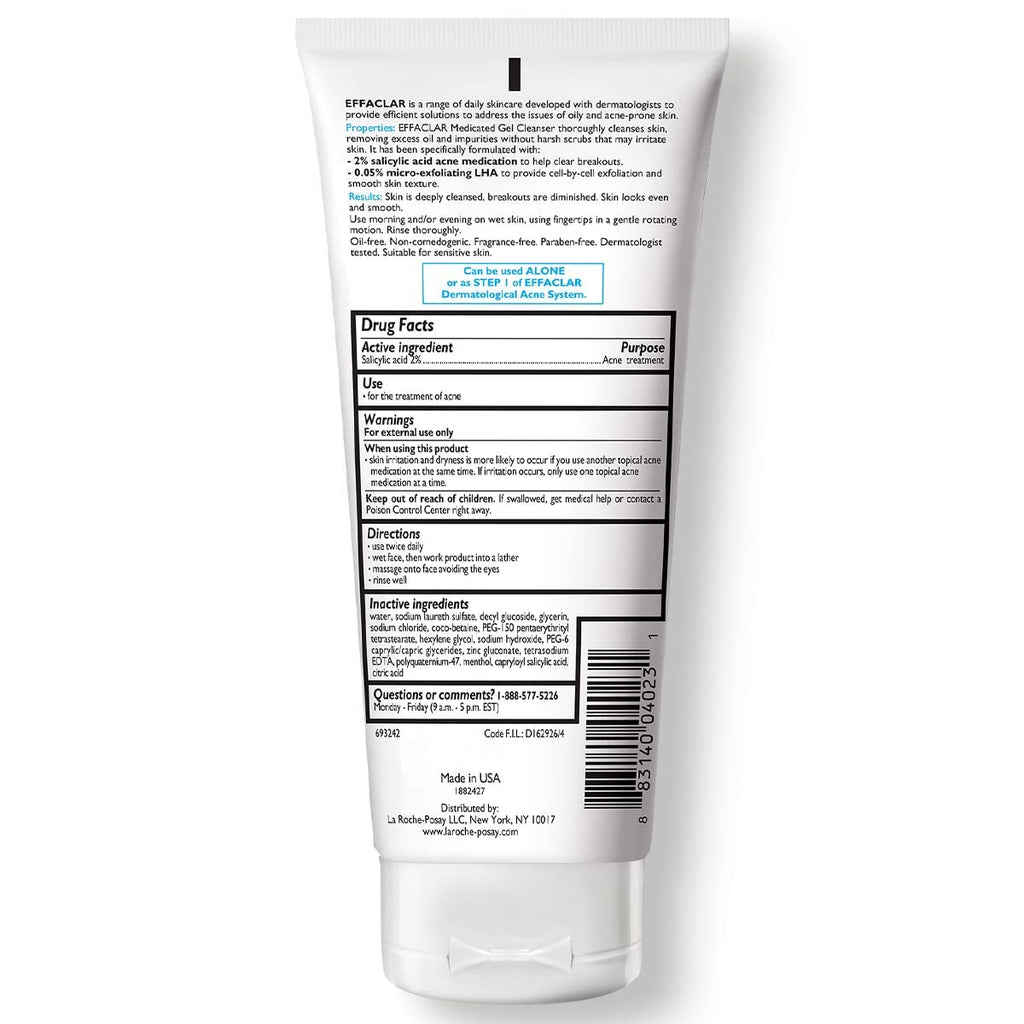 La Roche-Posay Effaclar Medicated Gel Cleanser, 2% Salicylic Acid Cleanser + Lha + Glycerin, Foaming Acne Face Wash, Helps Clear & Prevent Acne Breakouts, Oil Free, Targets Excess Oil