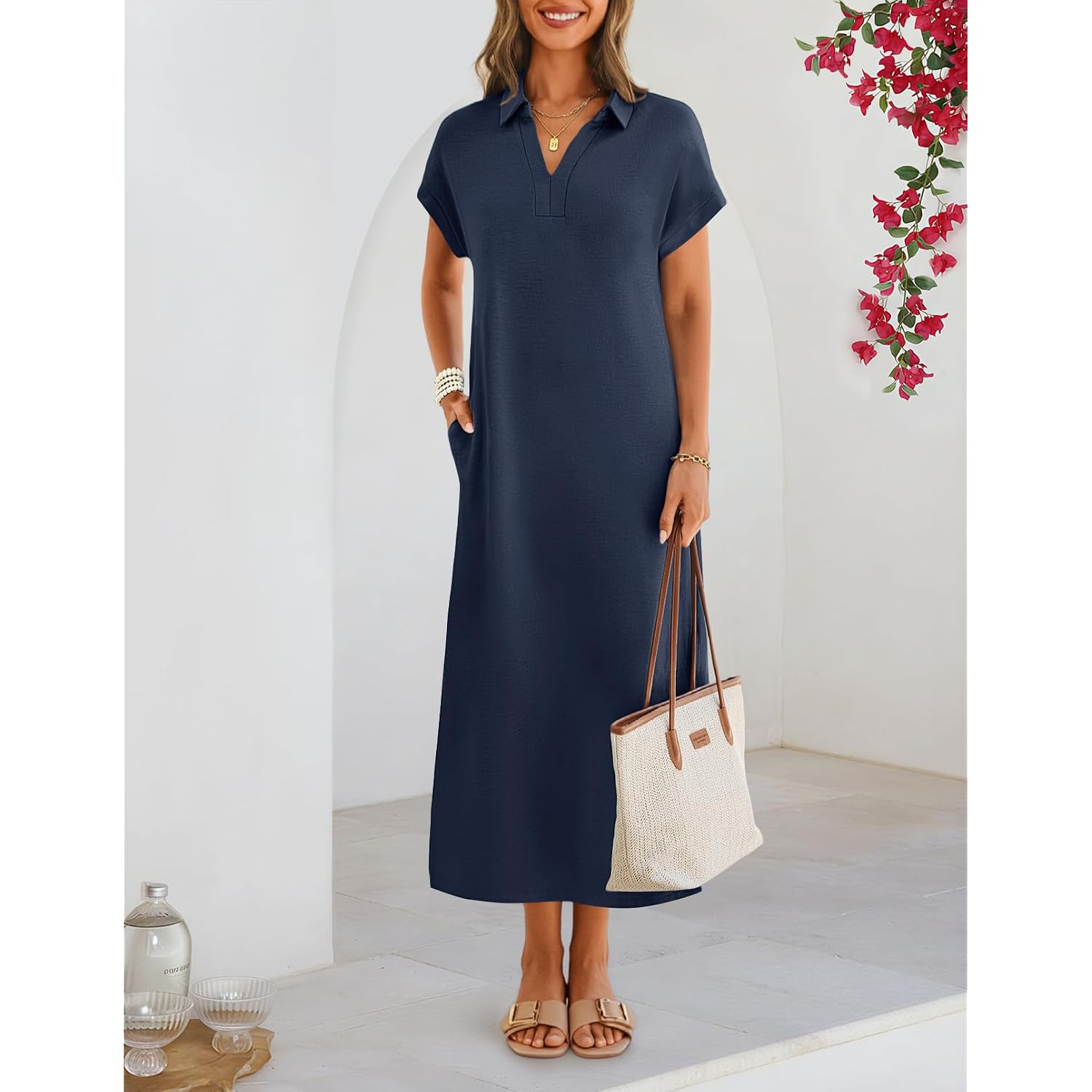 Merokeety Women'S Summer Casual Maxi Dress 2026 Cap Sleeve V Neck Collared Beach Vacation T Shirt Long Dresses