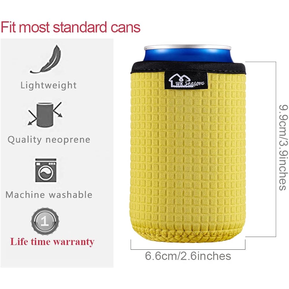 Wkieason 12Oz Standard Can Sleeves Insulators Sleeves Standard Can Covers 12Oz Beer Bottle Sleeves Coolers Holder Non-Slip Neoprene Can Coolier Sleeves 4Pc Pack (Black/Red/Yelllow/Blue)
