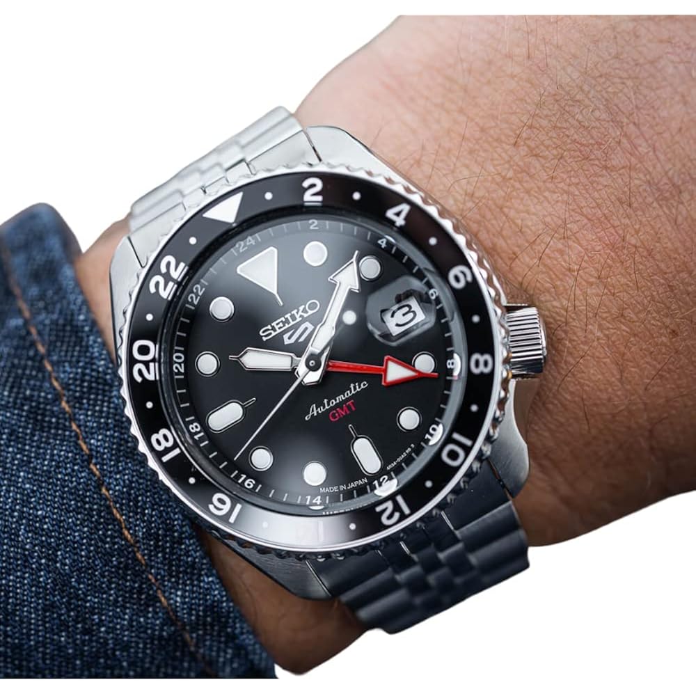 Seiko Ssk001 Automatic Watch For Men - 5 -Sports - Black Dial With Date Calendar And Luminous Hands & Markers And Black & Gray Gmt Bezel, 100M Water-Resistant