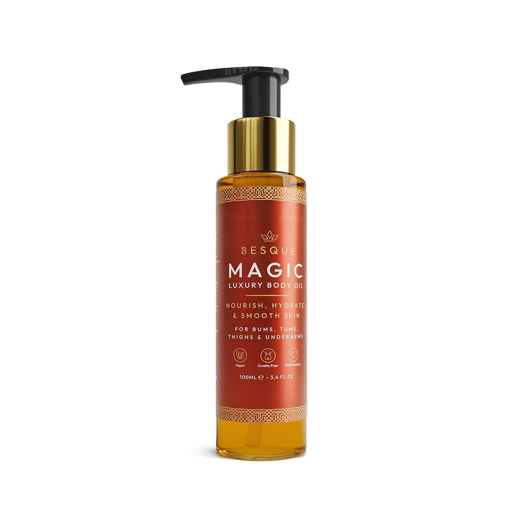 Besque Original Magic Body Oil, 3.4 Fl Oz, After Shower Body Oil For Women, Hydrating Skin Care For Full Body That Plumps, Tightens, & Firms Skin With Natural Ingredients, Made In Uk - Pack Of 1