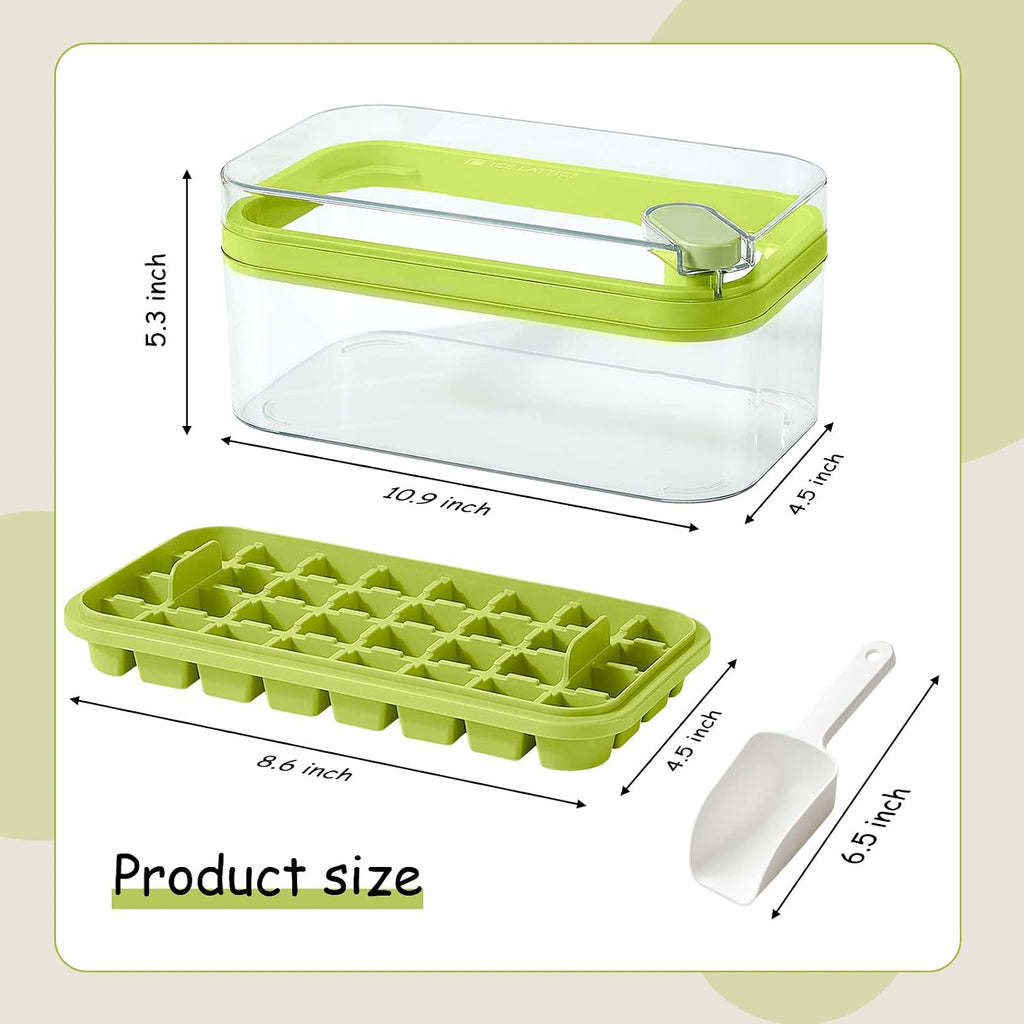 Ice Cube Tray With Lid And Bin, 2 Pack Ice Cube Trays For Freezer, 64 Pcs Ice Cube Mold, Press Button Easy Release Ice Tray, Small Ice Cubes Maker For Drinks(Green)