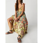 Abyovrt Women Floral Maxi Dress Tie Shoulder Patchwork Smocked Flowy Boho Dress With Pockets Summer Vacation Sundress