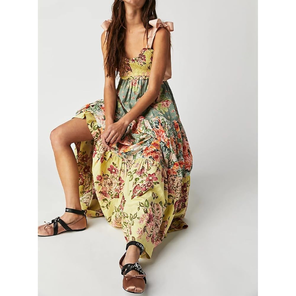 Abyovrt Women Floral Maxi Dress Tie Shoulder Patchwork Smocked Flowy Boho Dress With Pockets Summer Vacation Sundress