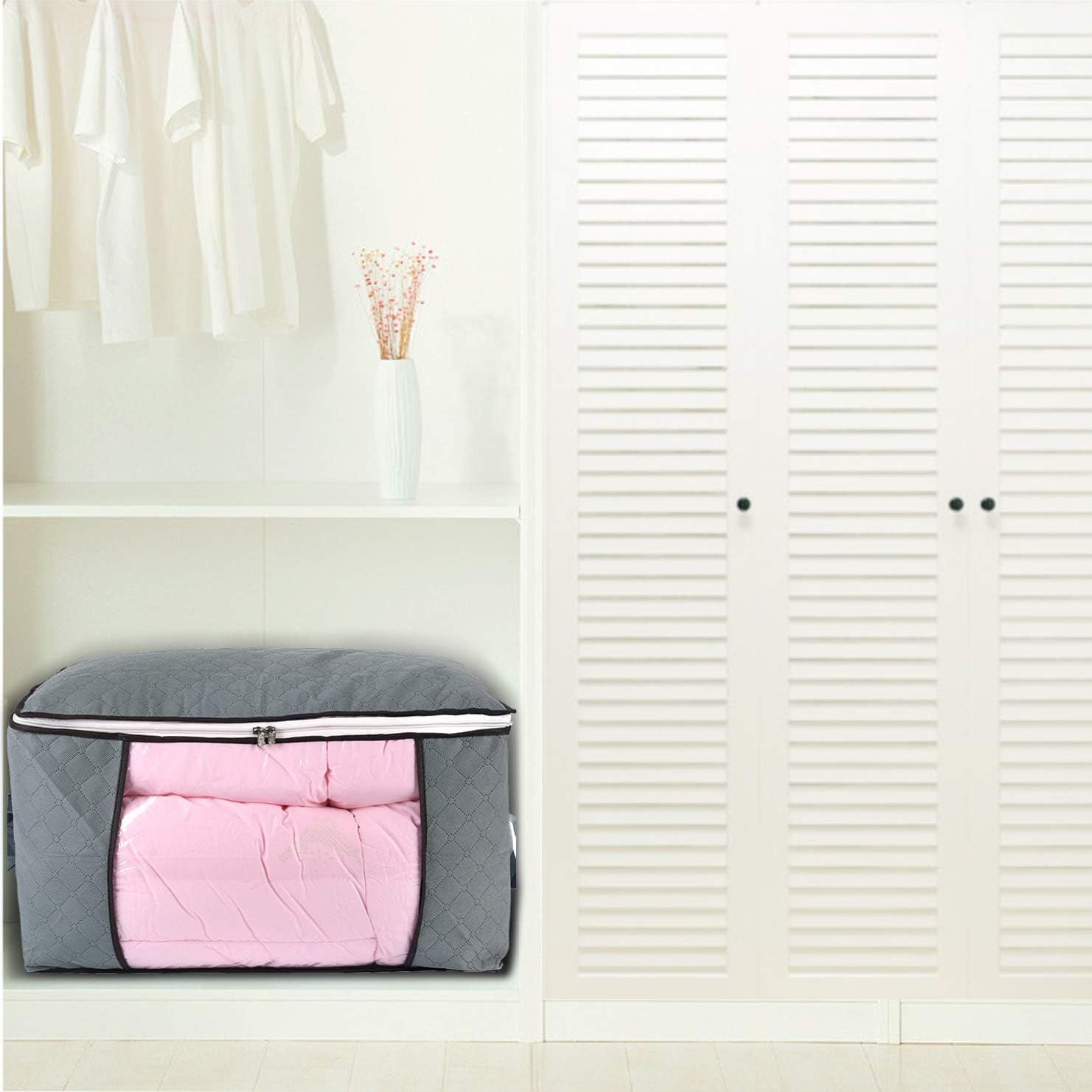 Comforter Storage Bag, Zippered Bag With Large Clear Window And Carry Handles, Space Saver Organizers For Closet, Blanket, Pillow, Quilt, Bedding, Clothes (2Pcs Grey Large)