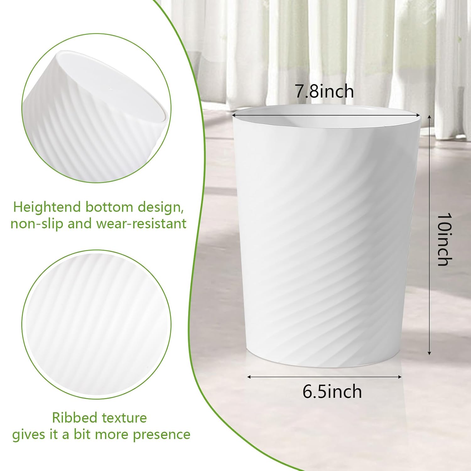 Bathroom Small Trash Can With Trash Bag Plastic Garbage Can Round Waste Basket For Bathrooms, Laundry Room, Kitchens, Offices, Kids Rooms, Dorms, 1.8 Gallons, 3 Pack (White)