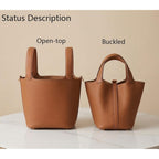 Genuine Leather Lock Design Bucket Bag Vegetable Basket, Fashionable And Versatile Satchel Handbag