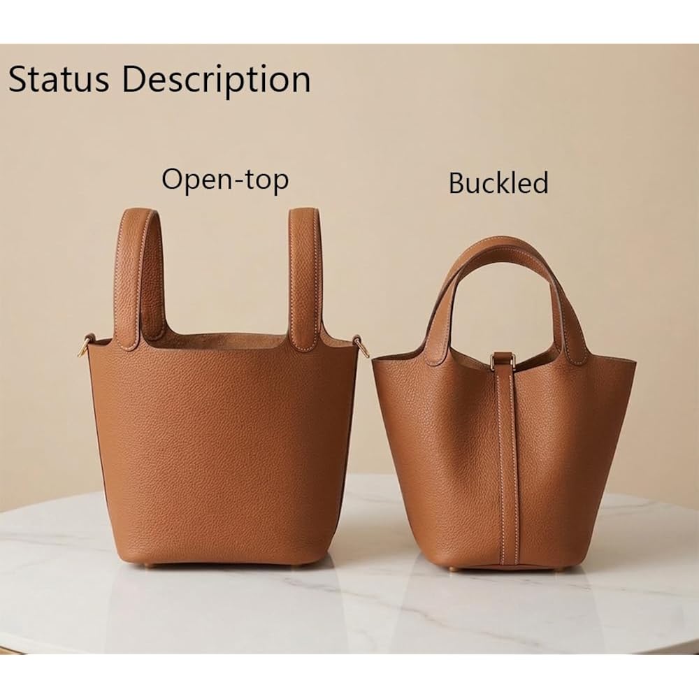 Genuine Leather Lock Design Bucket Bag Vegetable Basket, Fashionable And Versatile Satchel Handbag