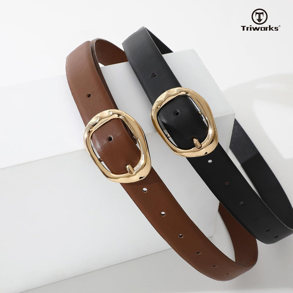 TRIWORKS 2 Pack Leather Belts for Women Fashion Waist Belt with Liquid Shapes Women Belt for Jeans Pants Dresses
