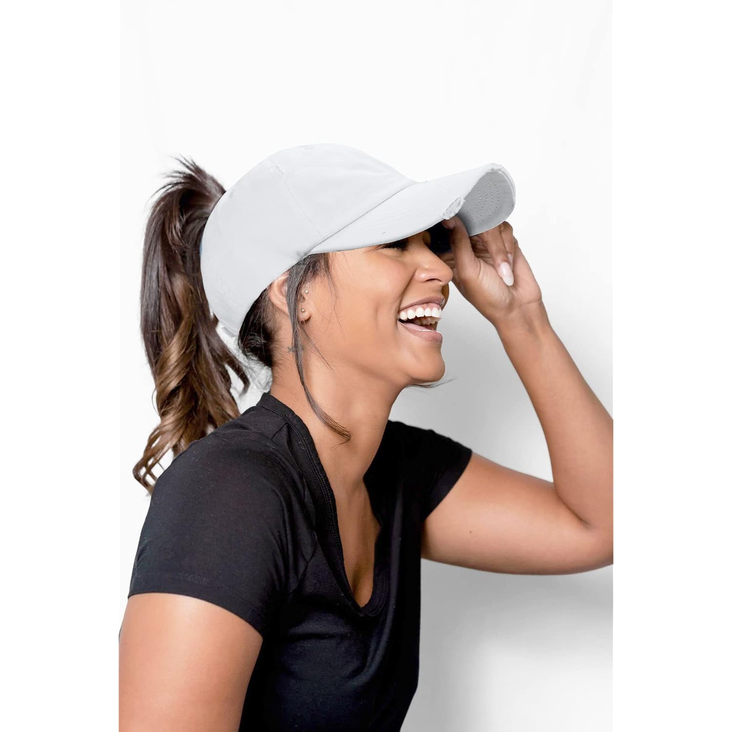 Women Distressed High Bun Ponycaps Baseball-Hat Girls Cotton Ponytail Baseball-Cap Adjustable