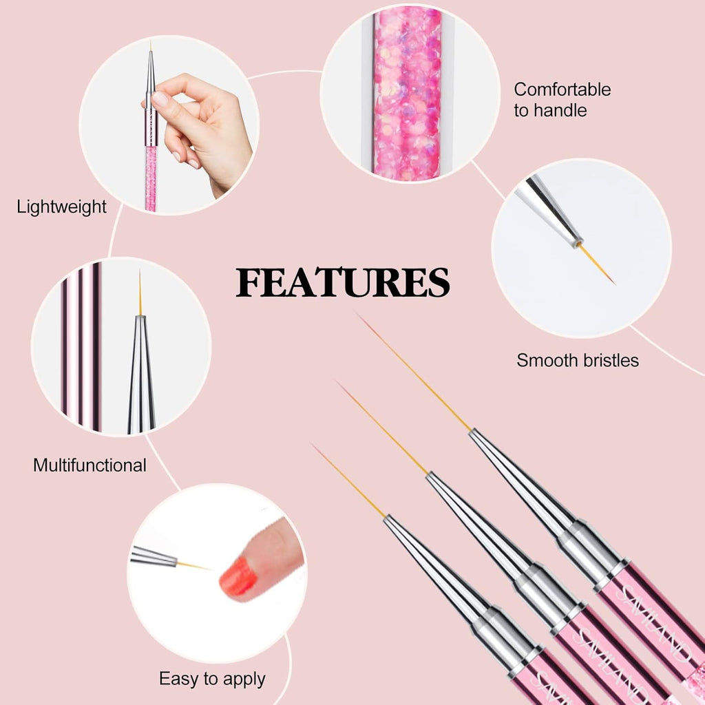 SAVILAND 6pcs Nail Art Liner Brushes Set: Nail Brush Gel Polish Painting Nail Art Design Brushes Pen with Crushed Diamond Rhinestone Handle for Pulling Lines,Sizes 7/9/11/13/17/23 mm