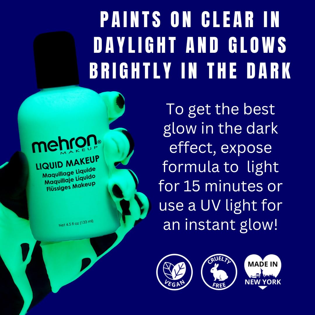 Mehron Makeup Liquid Makeup | Face Paint And Body Paint Perfect For Halloween, Cosplay I Air Brush Compatible 4.5 Oz (133 Ml) (Glow In The Dark)
