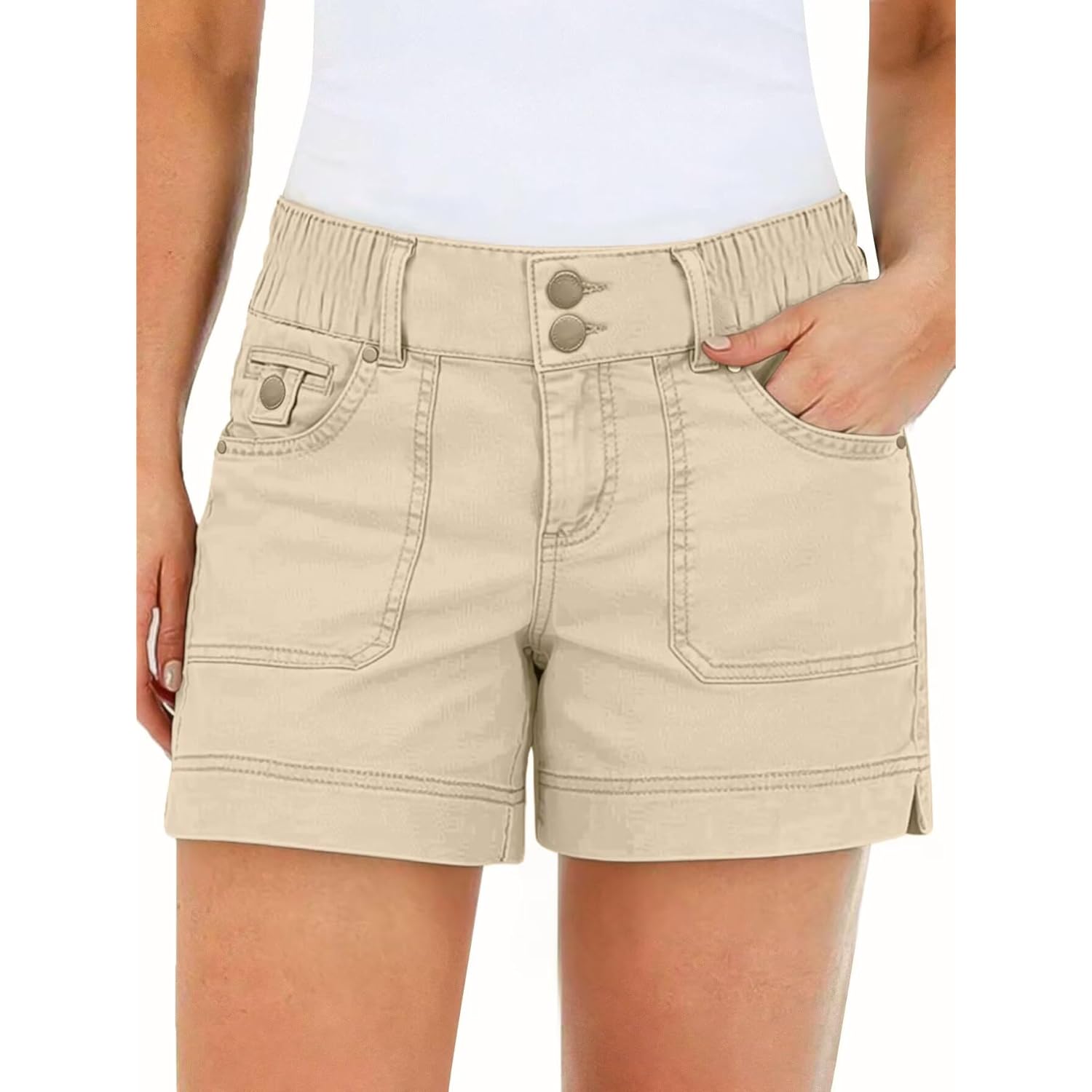 Women's Mid Waist Solid Split Side Flap Pocket Casual Shorts