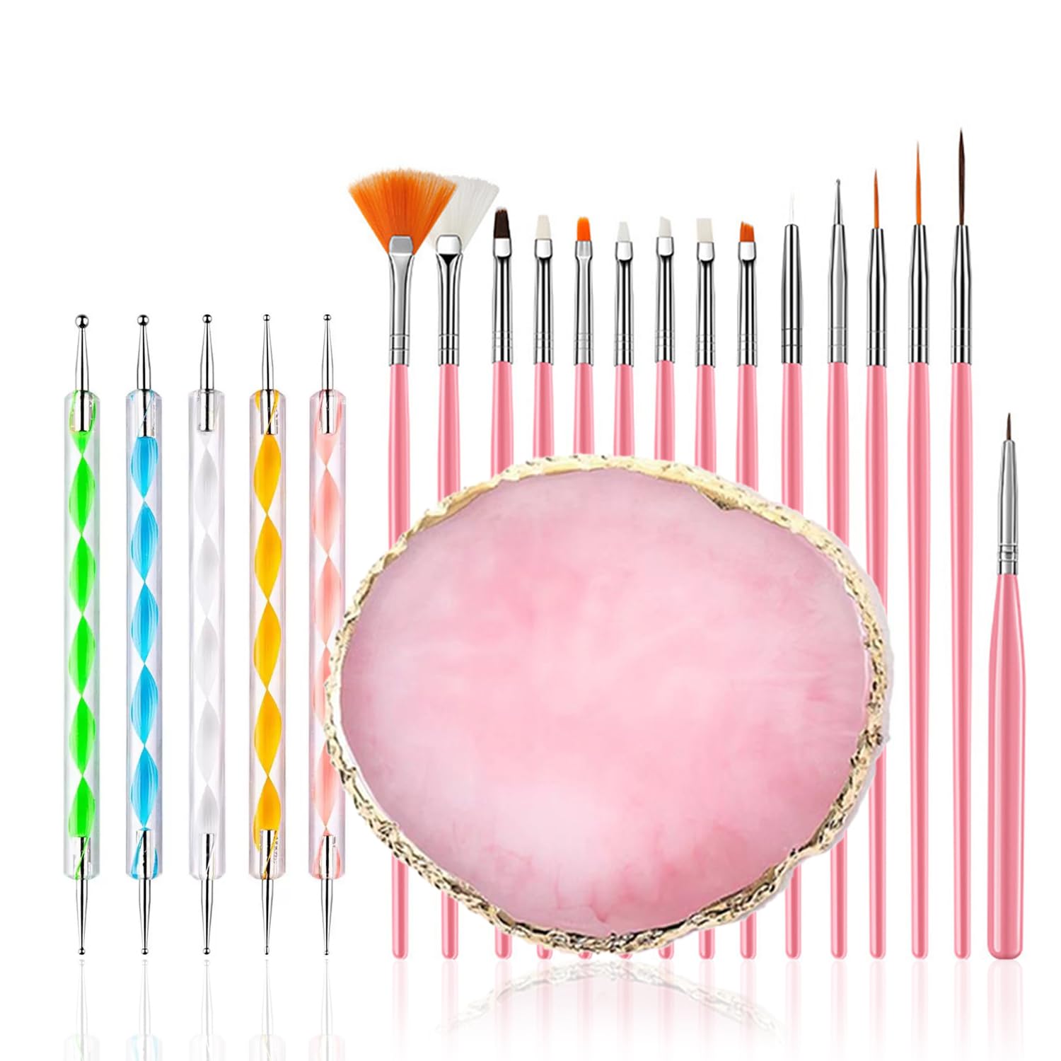 FULINJOY 21Pcs Nail Art Brushes Set, 1 Resin Nail Art Palette, 5 Nail Art Dotting Pens, 15 Nail Art Brushes, Nail Polish Mixing Palette Double-Ended Dotting Pen Nail Liner Brush Nail Drawing Brushes