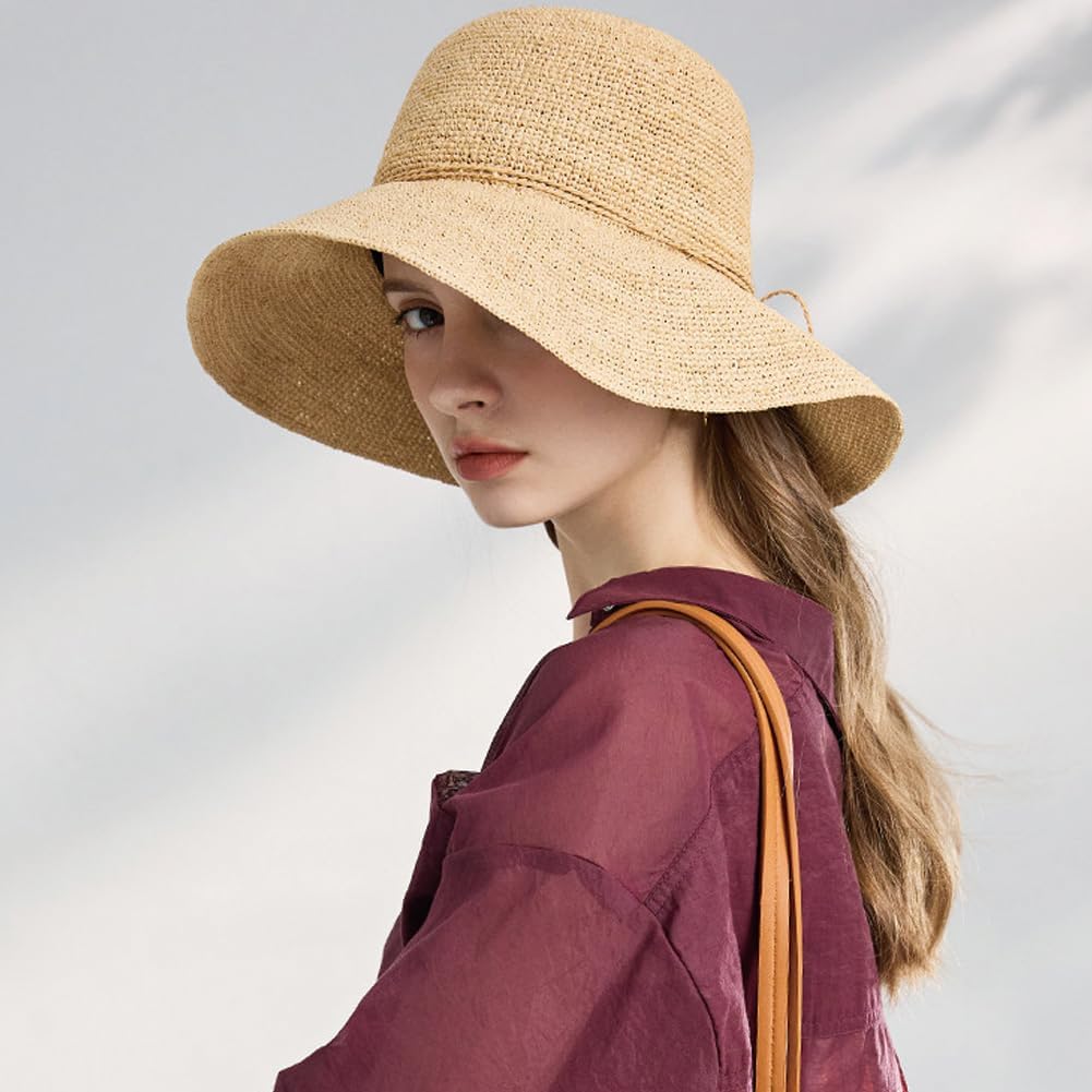 Koradi Women Raffia Beach Hat Natural Raffia Straw Bucket Hat Handwoven Foldable Sun Hats Wide Brim Summer Travel Cap