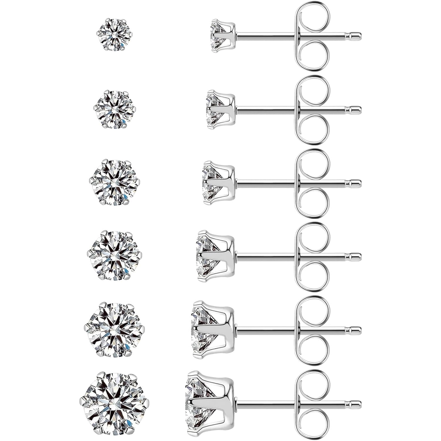 Ringcal Stainless Steel Stud Earrings Set Hypoallergenic Cubic Zirconia 14K White Gold CZ Earrings for Women
