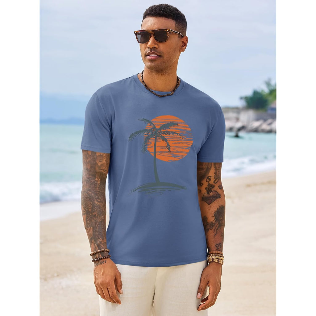 Runcati Mens Short Sleeve T-Shirts Graphic Crew Neck Casual Shirt Summer Beach Palm Tree Printed Vintage Hawaiian Tees