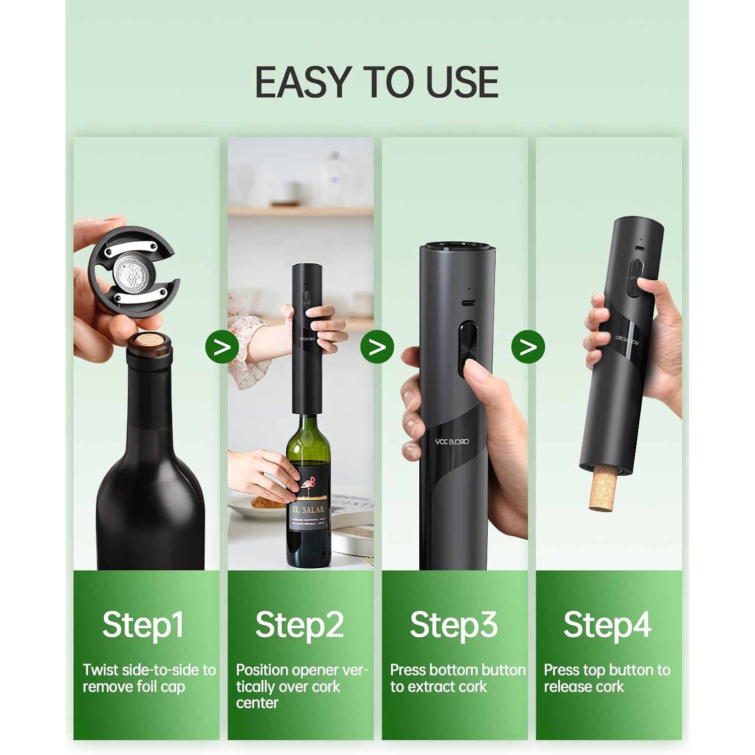 Circle Joy Electric Wine Opener Rechargeable, 7-In-1 Automatic Wine Bottle Opener Gift Set With Electric Vacuum Pump, Foil Cutter, Aerator Pourer, 2 Stoppers & Charging Base, Black