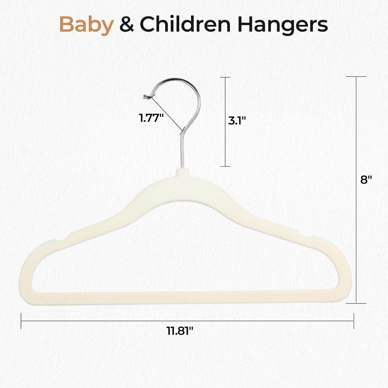 Kids Velvet Hangers, 50 Pack, 11.8 In Non-Slip Baby & Toddler Clothes Hangers, Baby Felt Hangers With Notches & 360° Swivel Hooks For Space-Saving, Beige