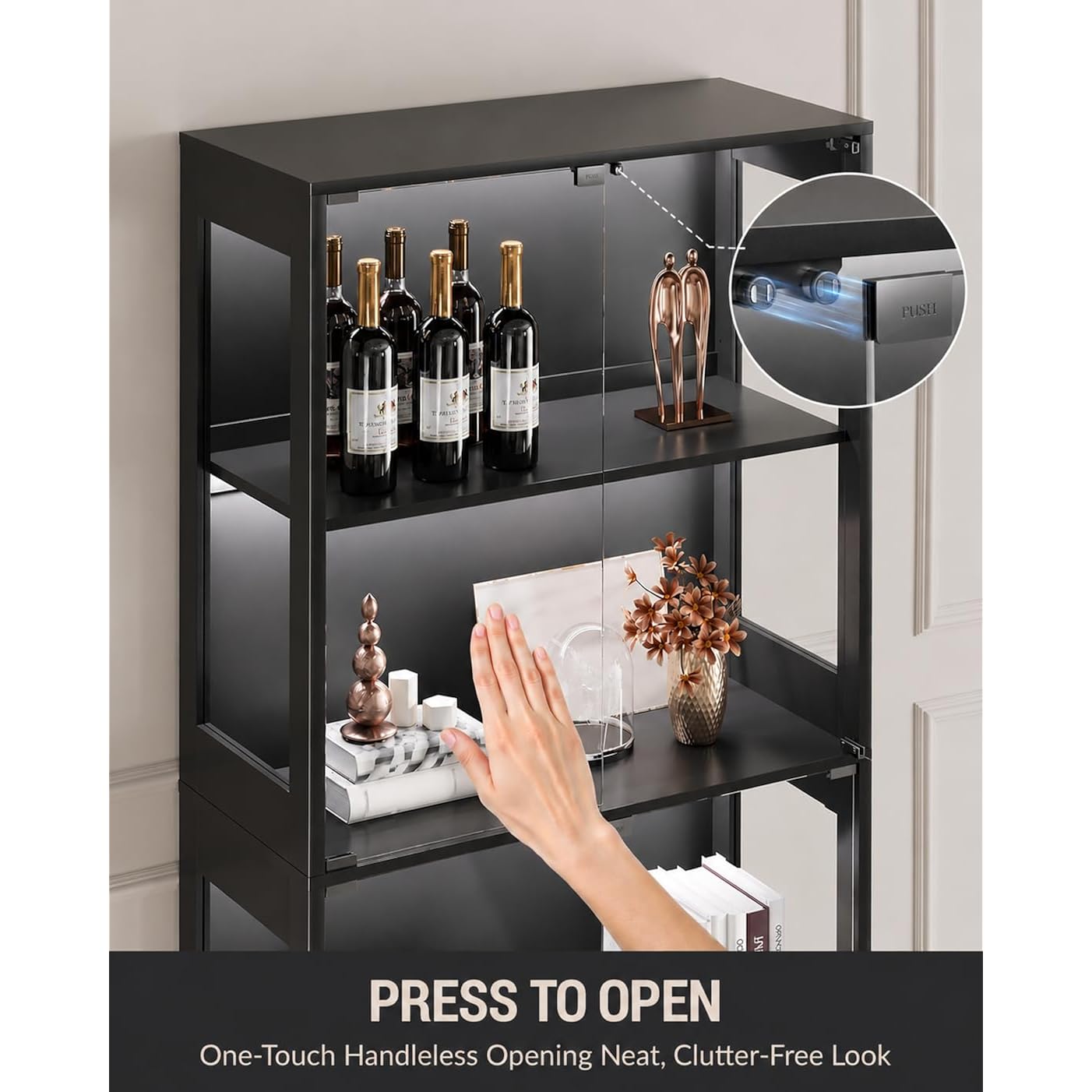 Display Cabinet With Glass Doors, 4-Tier Curio Cabinet With Adjustable Shelves, Glass Display Case For Collectibles, 60000 Color Led Lights With App & Remote Control, Metal Base Storage Cabinet, Black