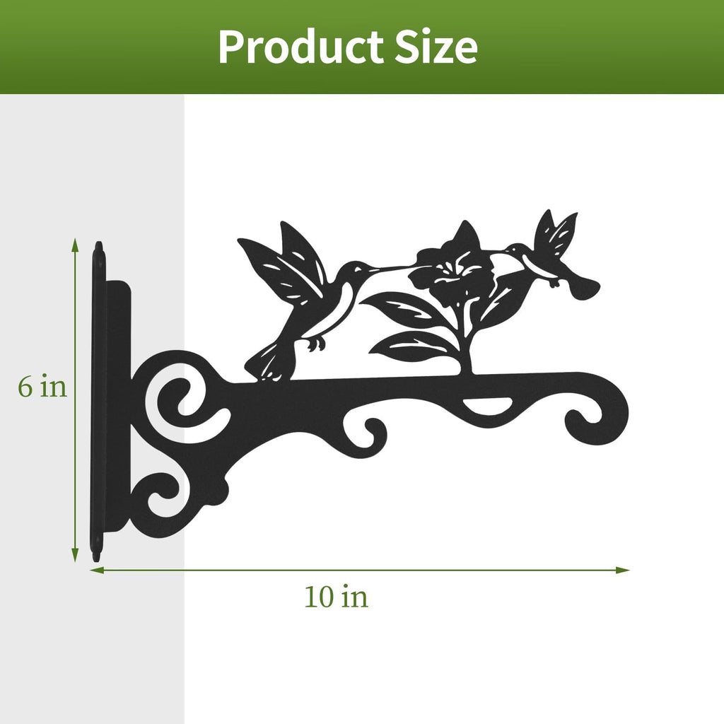 Elegant Bird Pattern Wall Hooks - 10/12/14 Inch Metal Plant Hangers For Indoor & Outdoor - Rust-Resistant Bracket For Plants, Feeders, Chimes, Lanterns (2, Black, 10 Inch)