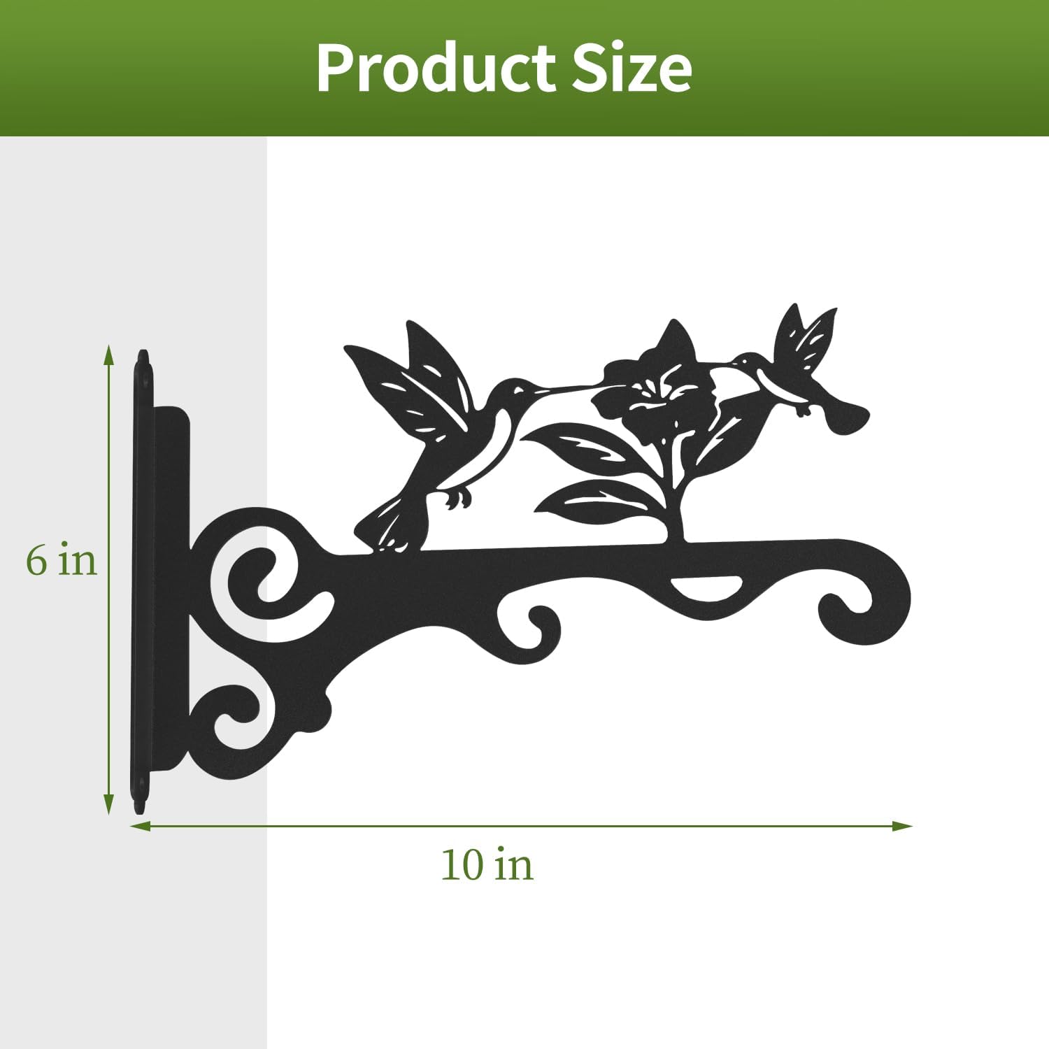 Elegant Bird Pattern Wall Hooks - 10/12/14 Inch Metal Plant Hangers For Indoor & Outdoor - Rust-Resistant Bracket For Plants, Feeders, Chimes, Lanterns (2, Black, 10 Inch)