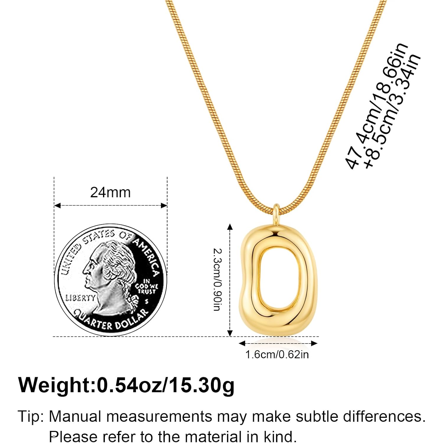 Gold Tone Irregular Oval Pendant Necklace for Women, Minimalist Chunky Snake Chain Necklace, Dainty 14K Gold Plated Statement Long Necklace
