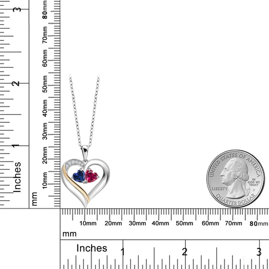 Gem Stone King 2-Heart Couple Name Engraved Pendant Necklace For Women | 925 Sterling Silver and 10K Yellow Gold | Customized and Personalized | Gemstone Birthstone and Lab Grown Diamond | 18 Inch