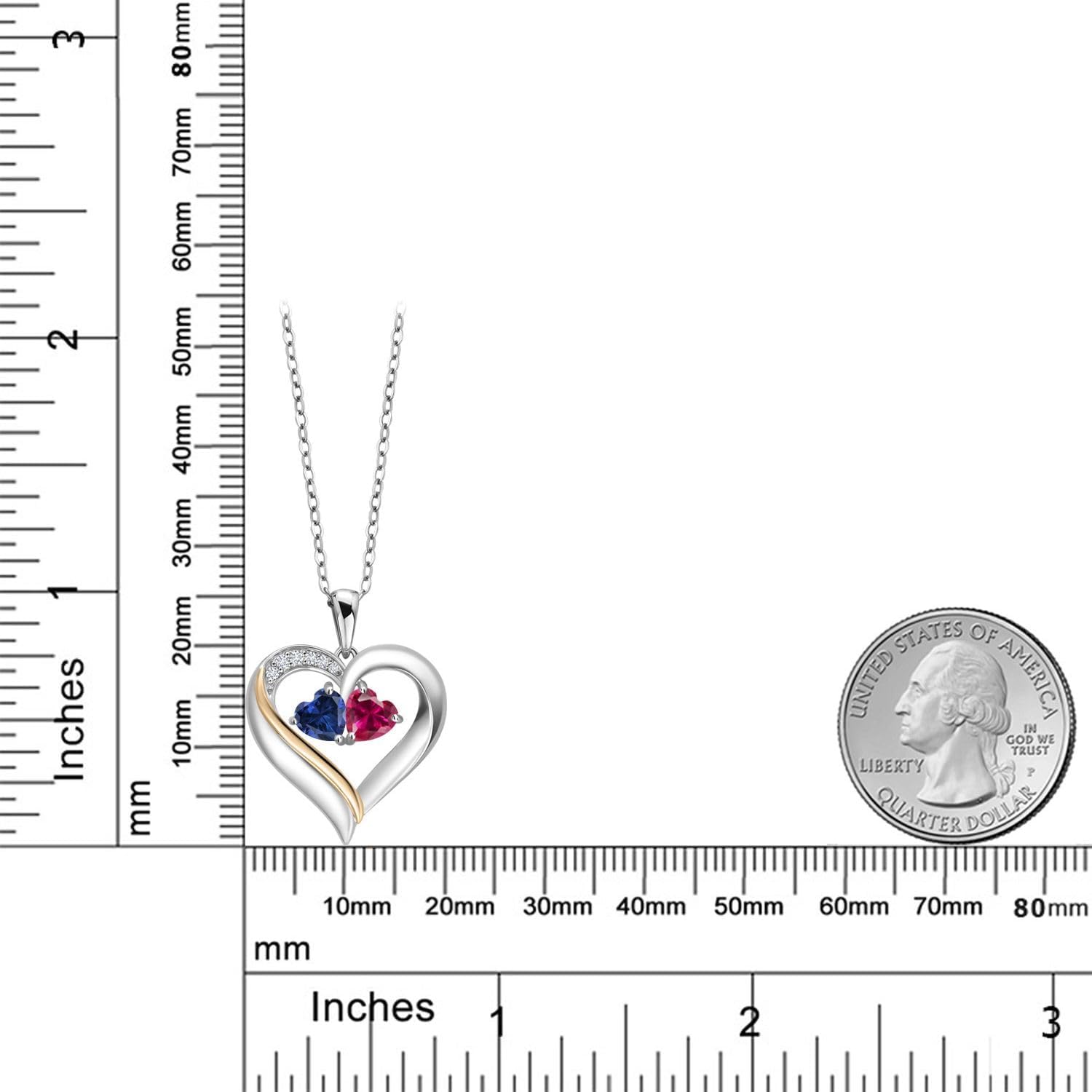 Gem Stone King 2-Heart Couple Name Engraved Pendant Necklace For Women | 925 Sterling Silver and 10K Yellow Gold | Customized and Personalized | Gemstone Birthstone and Lab Grown Diamond | 18 Inch