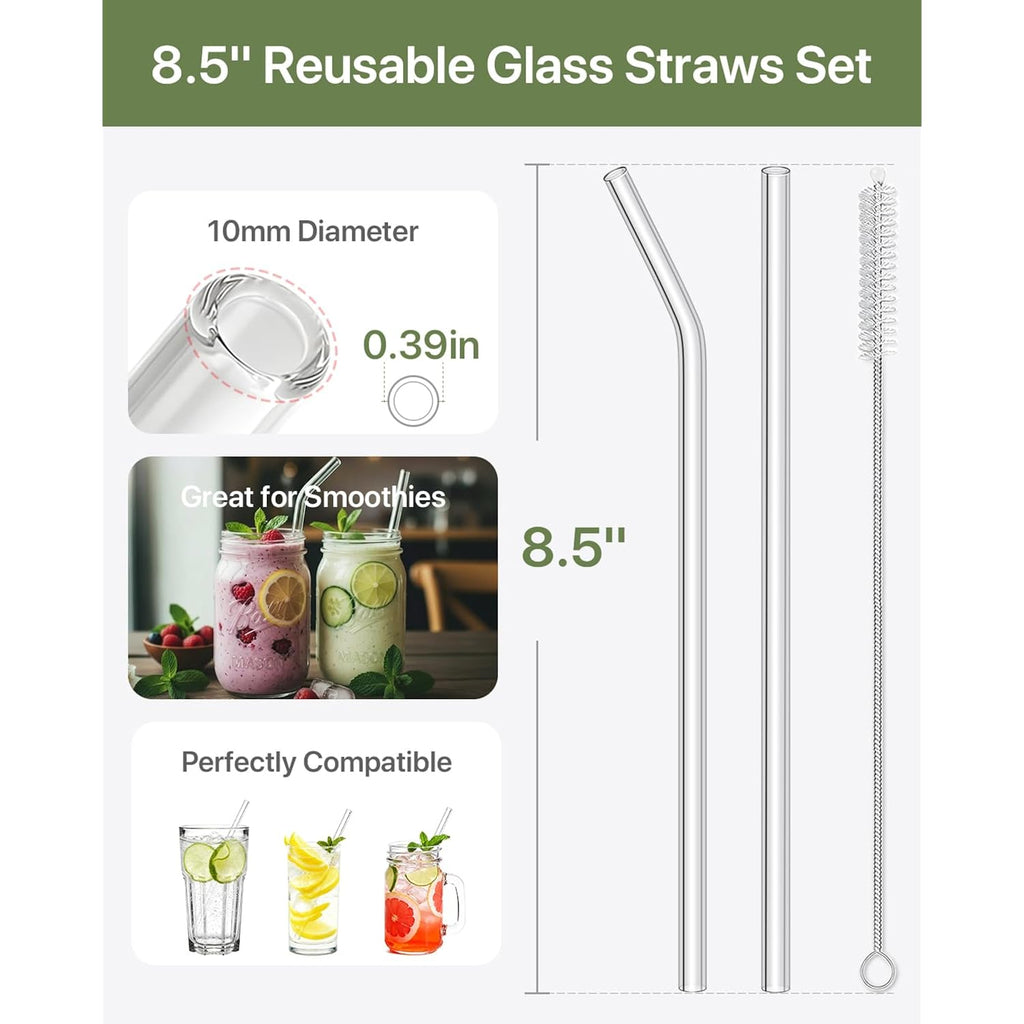 18-Pack Glass Straws, Reusable Clear Glass Drinking Straws Set, 8.5 Inch X 10Mm - Includes 8 Straight And 6 Bent With 4 Straw Cleaner Brush, Perfect For Smoothies, Milkshakes, Juice, Tea