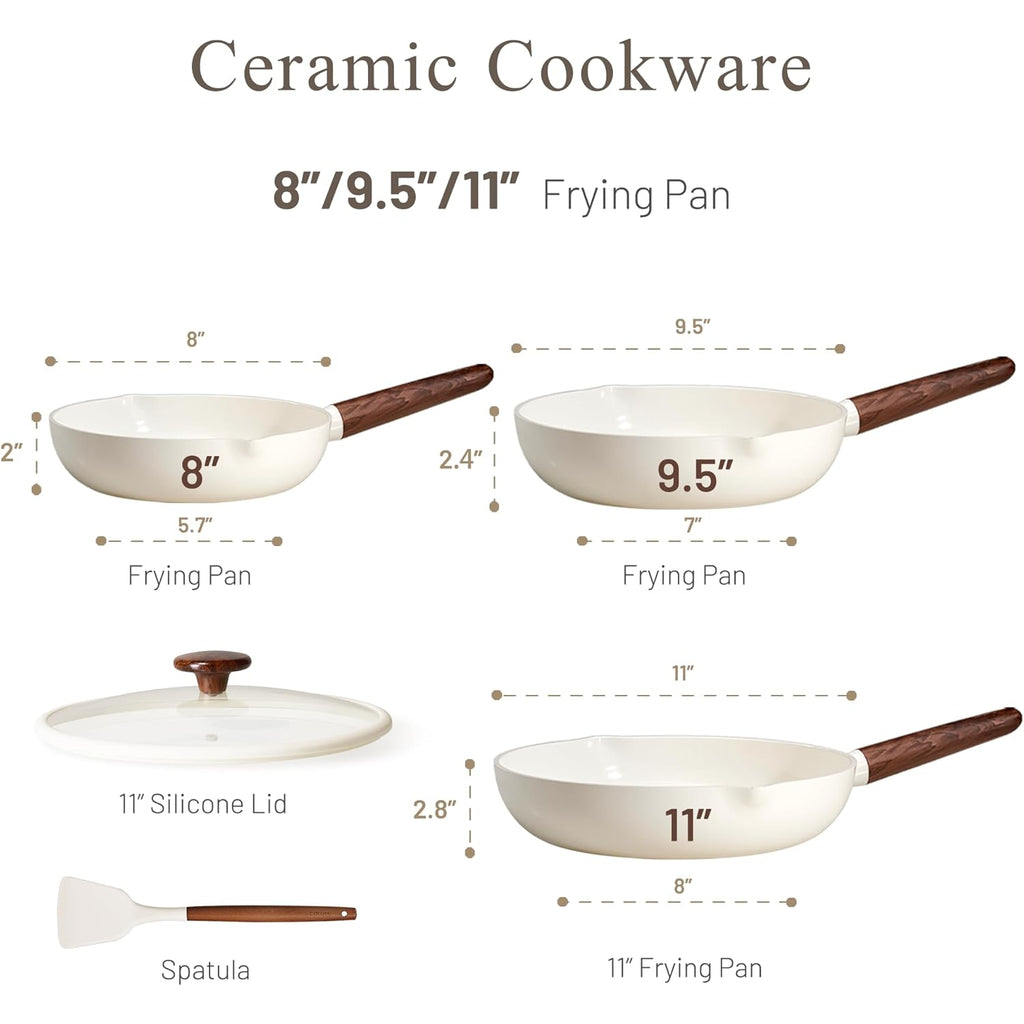 CAROTE Nonstick Frying Pans Skillets, Ceramic Coating Non-Stick Frying Pans Set, 5 PCS, Non-toxic Healthy & PFOA Free, Induction Compatible, 8+9.5+11 Inch with Colander Lid and Spatula, Cream White