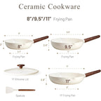 CAROTE Nonstick Frying Pans Skillets, Ceramic Coating Non-Stick Frying Pans Set, 5 PCS, Non-toxic Healthy & PFOA Free, Induction Compatible, 8+9.5+11 Inch with Colander Lid and Spatula, Cream White