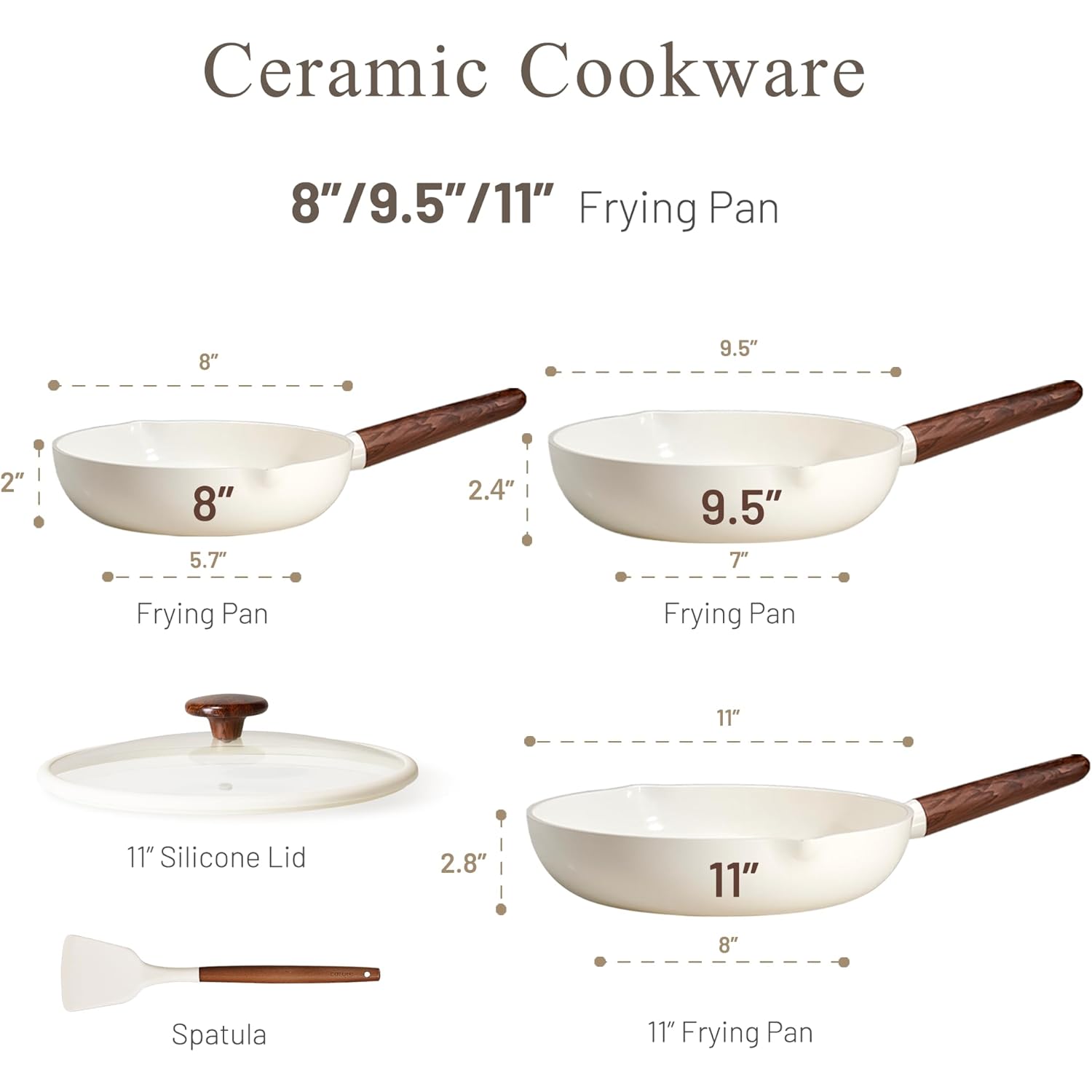 CAROTE Nonstick Frying Pans Skillets, Ceramic Coating Non-Stick Frying Pans Set, 5 PCS, Non-toxic Healthy & PFOA Free, Induction Compatible, 8+9.5+11 Inch with Colander Lid and Spatula, Cream White