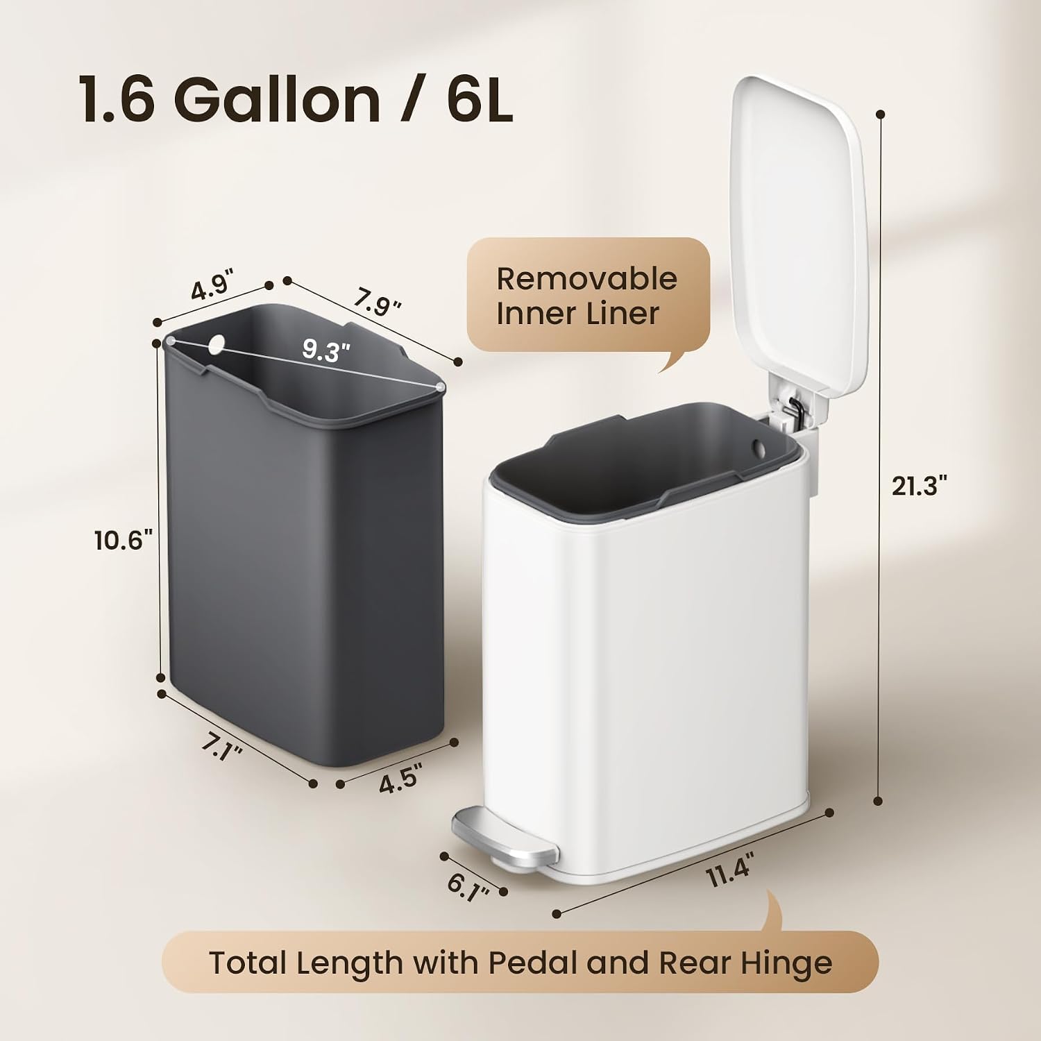 Cesun Slim Bathroom Trash Can With Lid Soft Close, 6L/1.6 Gallon Stainless Steel Small Garbage Can With Foot Pedal And Removable Inner Bucket, Slim Wastebasket For Bathroom, Office, Toilet (White)