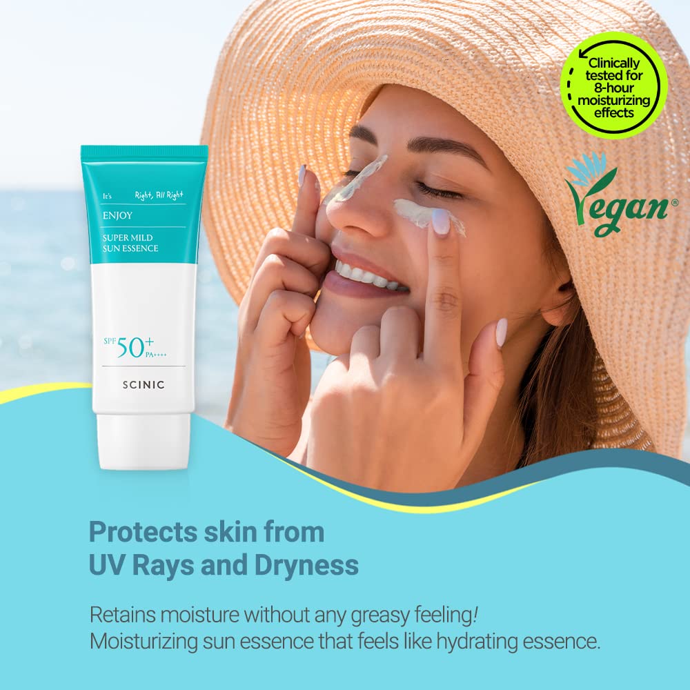 Scinic Enjoy Super Mild Sun Essence 2 Set Spf50+ Pa++++ 1.69 Fl Oz(50Ml) | A Lightweight Hydrating Sun Essence That Leaves No Sticky Feeling | Korean Skincare