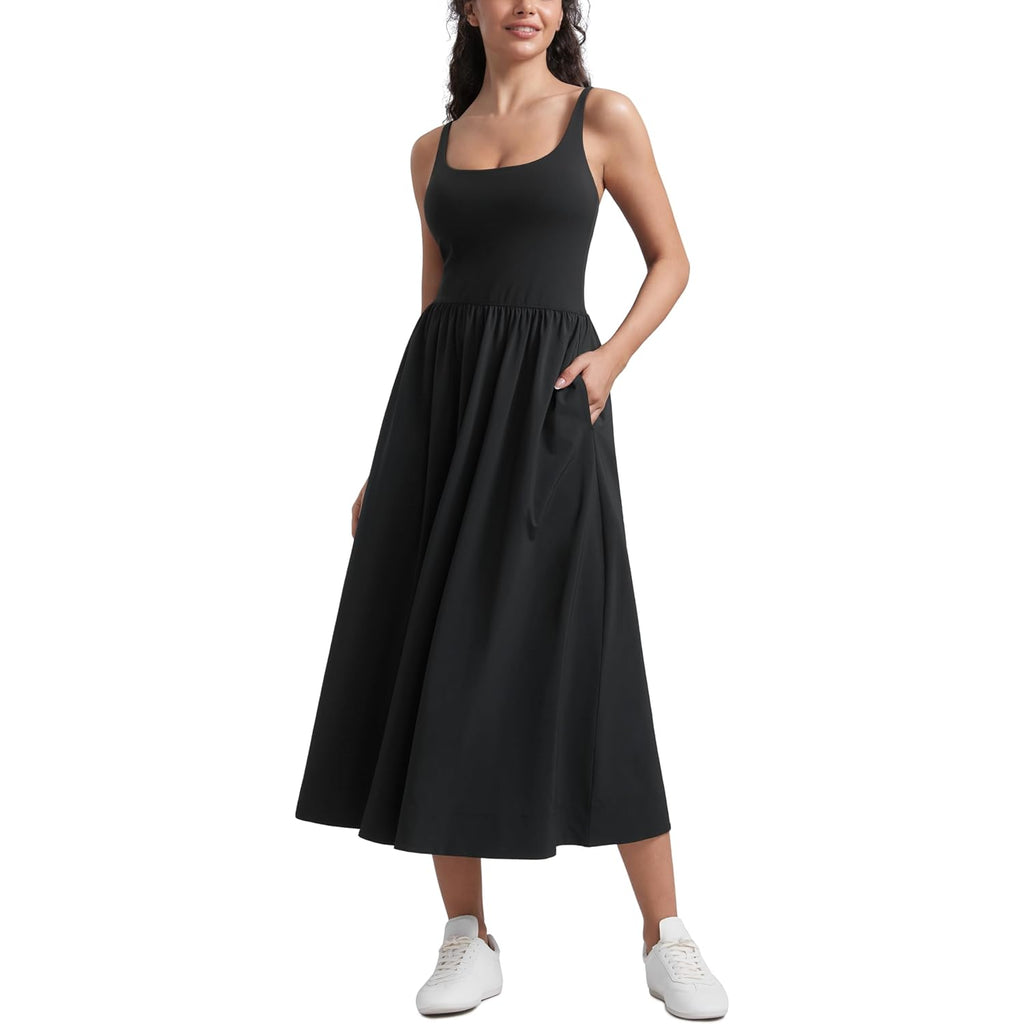 Crz Yoga Square Neck Maxi Dress For Women - Flowy Sleeveless Padded Travel Casual Outfits With Side Pockets